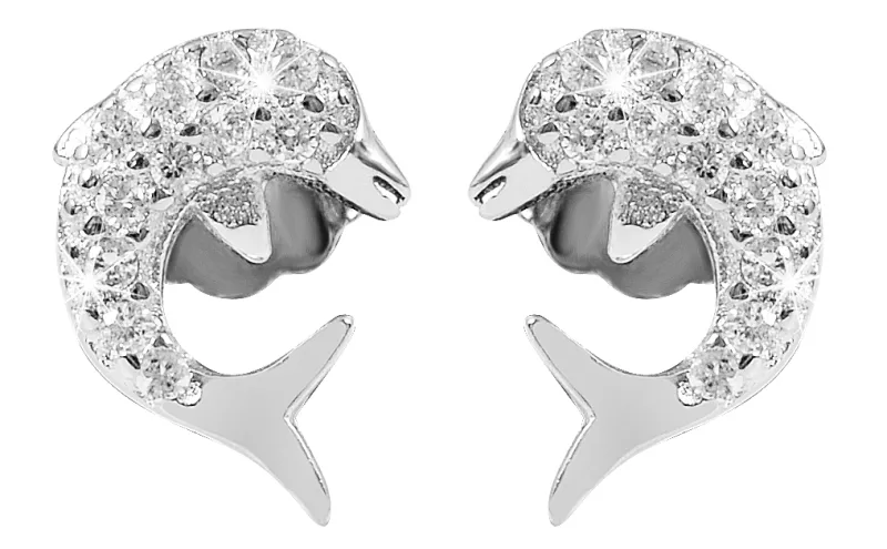 925/- Echt Silber Delfin-Ohrstecker mit Zirkoniabesatz, 925/rhodiniert
