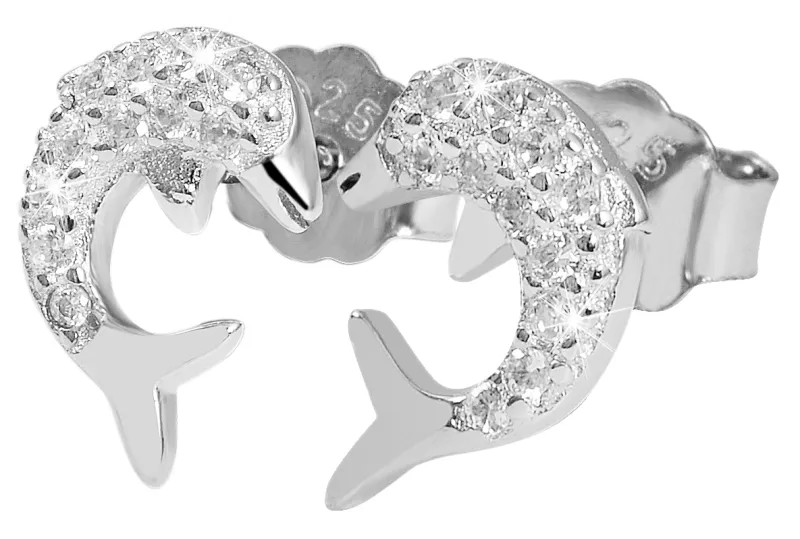 925/- Echt Silber Delfin-Ohrstecker mit Zirkoniabesatz, 925/rhodiniert