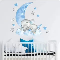 Hellblau Elefanten Mond Wandtattoo