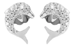925/- Echt Silber Delfin-Ohrstecker mit Zirkoniabesatz, 925/rhodiniert